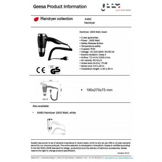 Σεσουάρ Μαλλιών 3 Ταχυτήτων 1600W Geesa Black 6482-100400 Μαύρο Με Επίτοιχη Βάση Σεσουάρ Μαλλιών 3 Ταχυτήτων 1600W Geesa Black 6482-100400 Μαύρο Με Επίτοιχη Βάση
